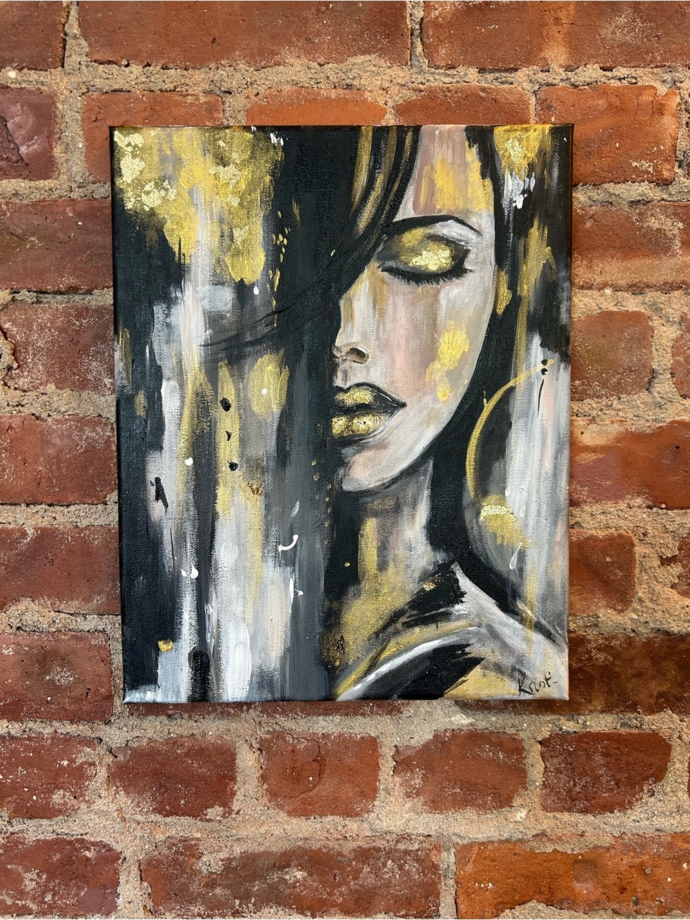 “Golden Child” 8x10 in 
Abstract Portrait Wall Art in Black, White & Gold Leaf
